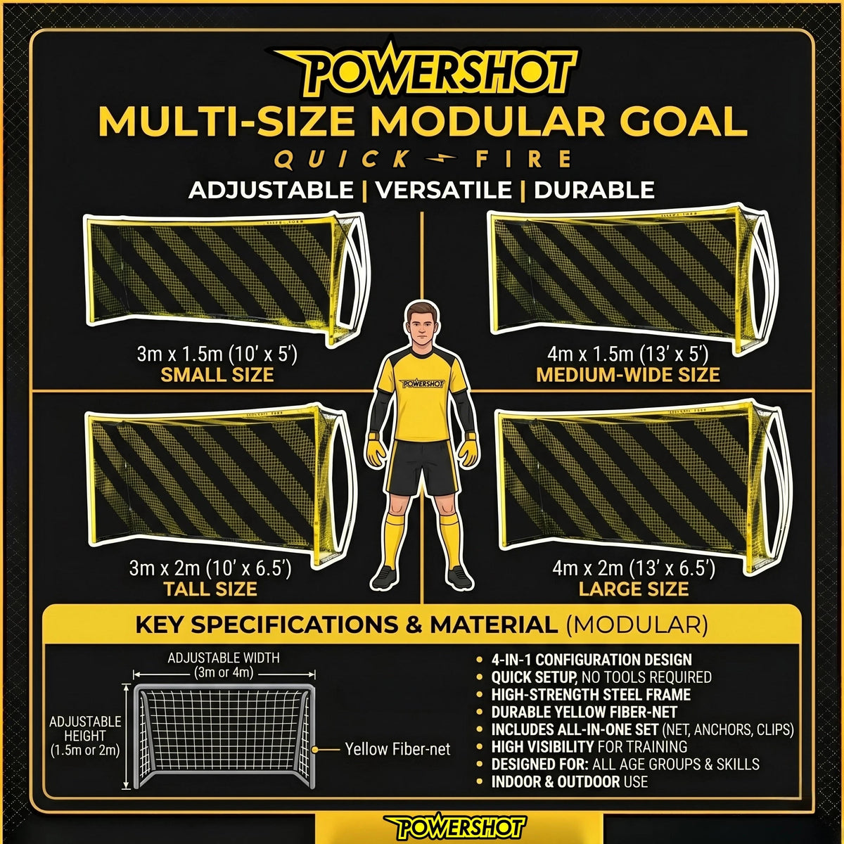 QuickFire® football goal – 3 or 4m x 1.5 or 2m - Multisize